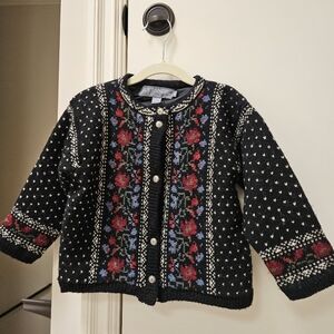 Vintage Girls Icelandic Design Black Floral Knit Cardigan, Size S